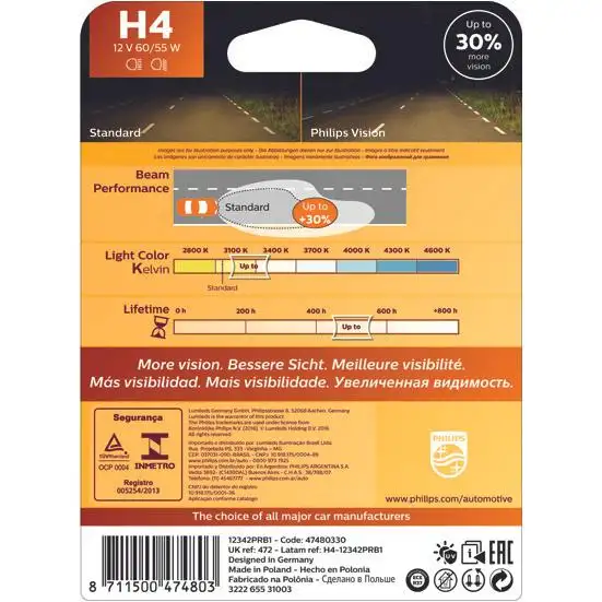 Ampoule H4 X1 PR 12V 60/65W PH PHILIPS - 12342PRB1