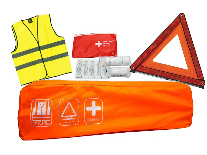 KIT DE SéCURITé AUTO 3 PIèCES DANS UN SAC FLUORESCENT AVEC TRIANGLE DE SIGNALISATION, GILET ET TROUSSE DE SECOURS