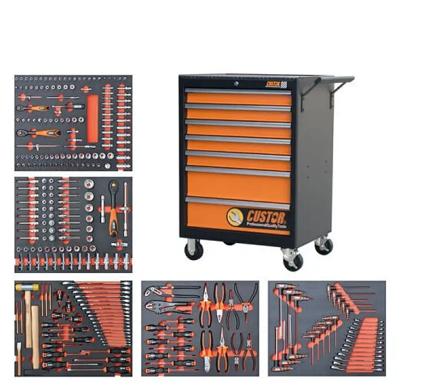 CHARIOT à OUTILS CUSTOR COMPACT 5 TIROIRS REMPLI DE MOUSSE 20 MODULES