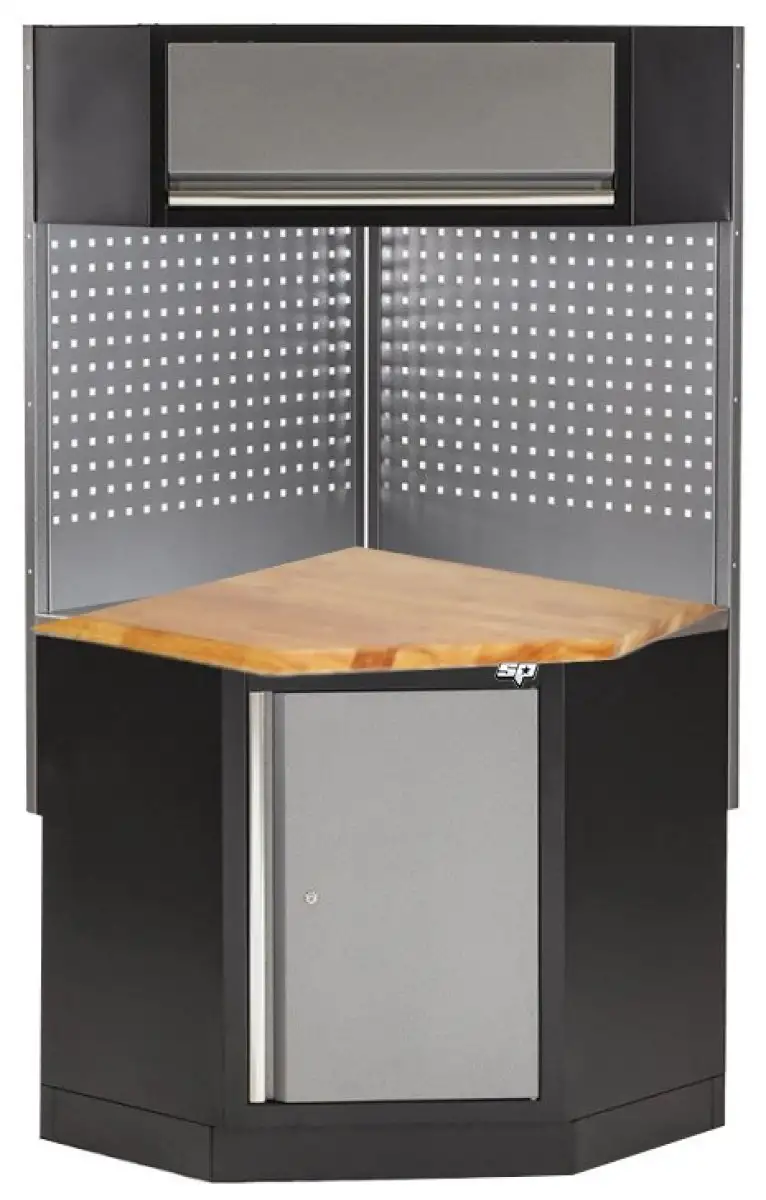 ARMOIRE D’ANGLE SP TOOLS AVEC PLAN DE TRAVAIL EN BOIS ET ARMOIRE SUPéRIEURE à VéRINS à GAZ