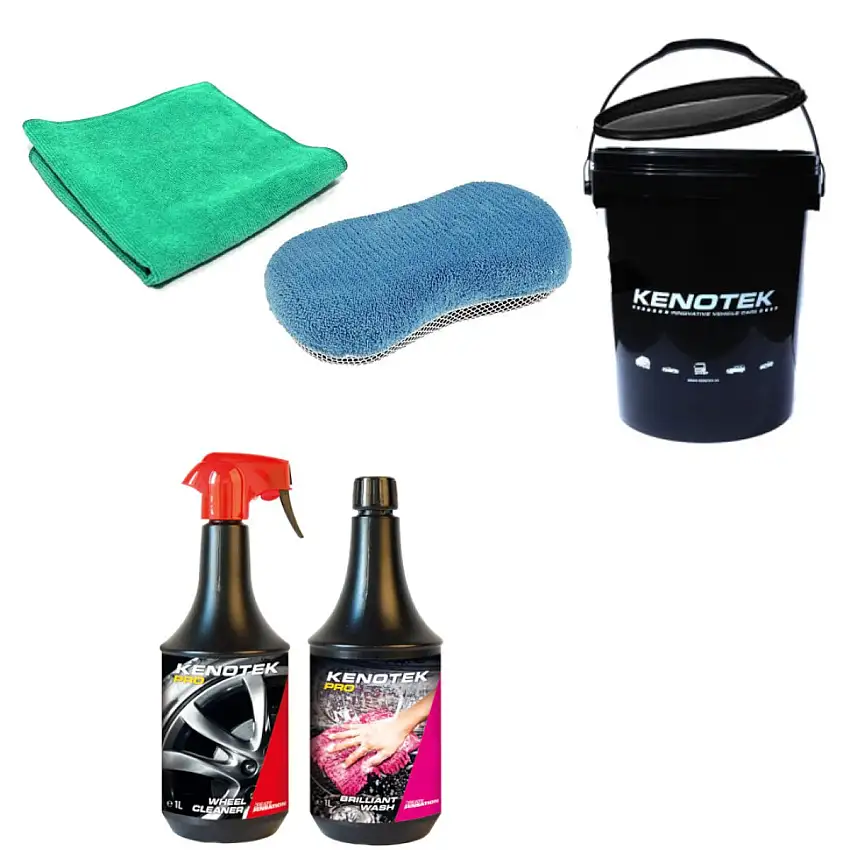 KENOTEK KIT DE LAVAGE AUTO AVEC SEAU, 2 PRODUITS, éPONGE ET CHIFFON