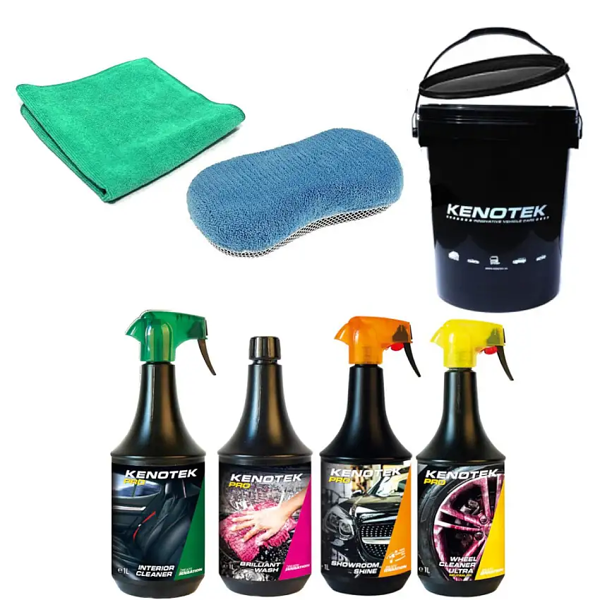 KENOTEK KIT DE LAVAGE AUTO2 AVEC SEAU, 4 PRODUITS, éPONGE ET CHIFFON