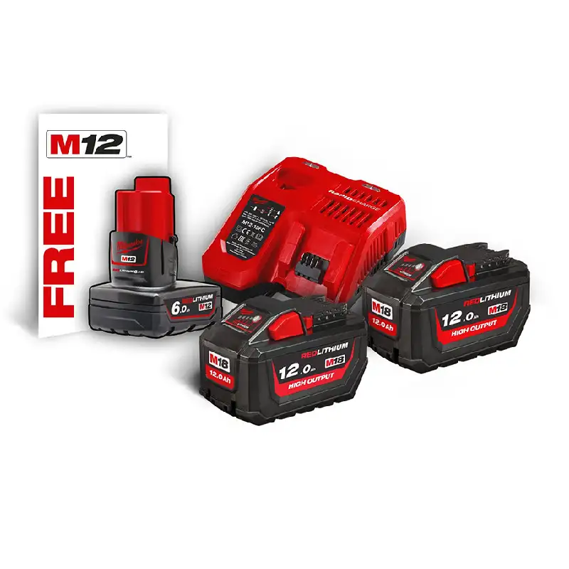 Kit 1 chargeur rapide 12V-18V et 2 accus 18V 12.0Ah + 1 accu 12V 6.0Ah OFFERT– MILWAUKEE