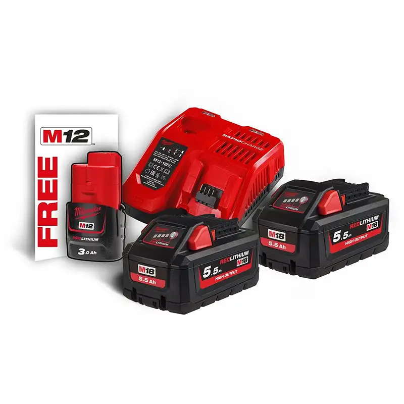 Kit 1 chargeur rapide 12V-18V et 2 accus 18V 5.5Ah + 1 accu 12V 3.0Ah OFFERT– MILWAUKEE