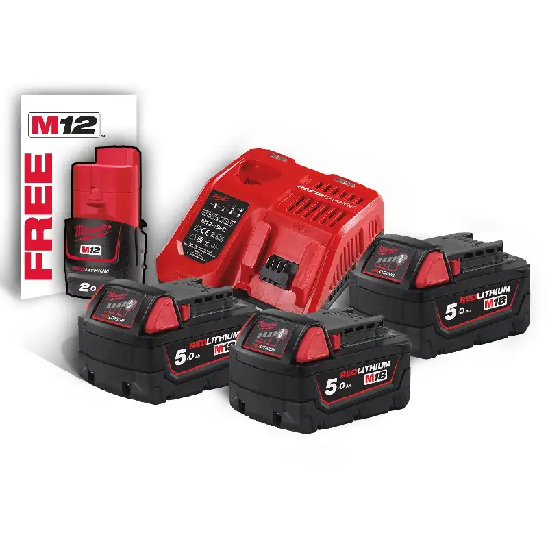 Kit 3 accus 18V 5.0Ah et 1 chargeur 12V-18V + 1 accu 12V 2.0Ah OFFERT - MILWAUKEE