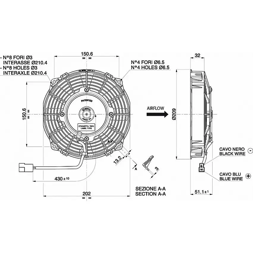 Ventilateur aspirant Ø 209 mm épaisseur 52 mm 12V SPAL VA14-AP7/C-34A