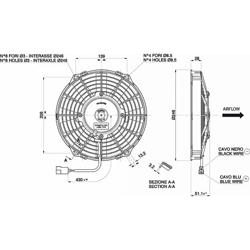 Ventilateur aspirant Ø 246 mm épaisseur 52 mm 12V SPAL VA07-AP12/C-31A