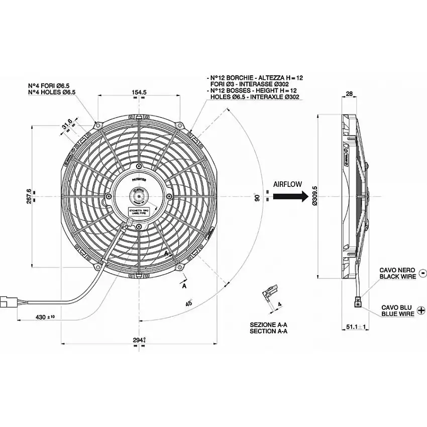 Ventilateur aspirant Ø 310 mm épaisseur 52 mm 12V SPAL VA09-AP12/C-54A