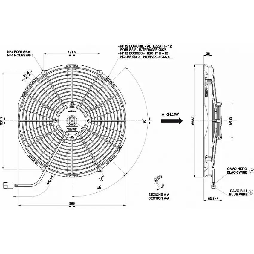 Ventilateur aspirant Ø 382 mm épaisseur 62 mm 12V SPAL VA08-AP51/C-23A