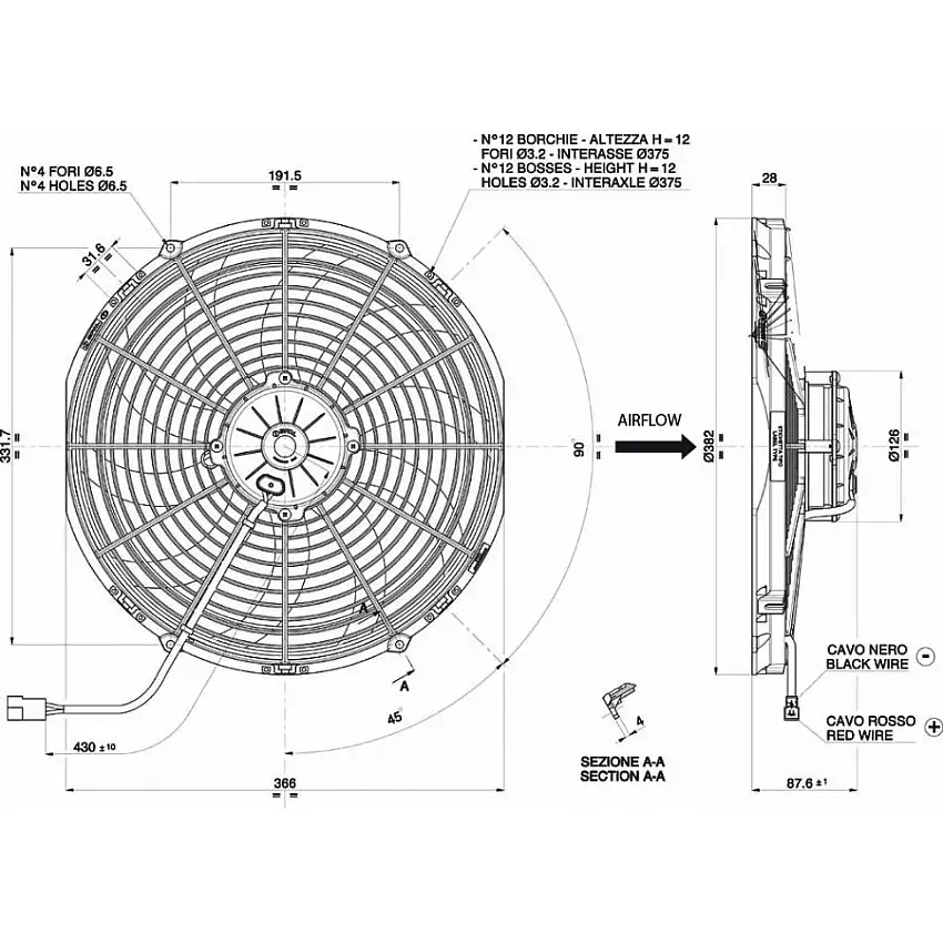 Ventilateur aspirant Ø 382 mm épaisseur 88 mm 12V SPAL VA08-AP71/LL-53A