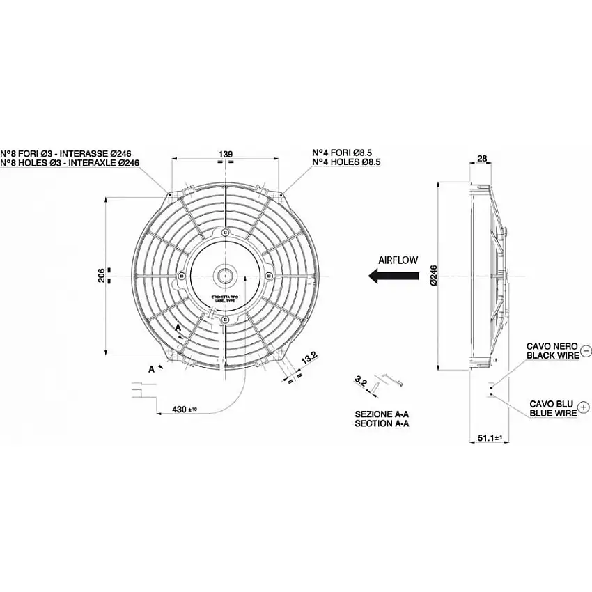 Ventilateur soufflant Ø 246 mm épaisseur 52 mm 12V SPAL VA07-AP12/C-31S