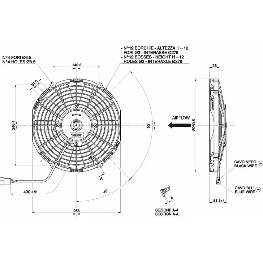 Ventilateur soufflant Ø 284 mm épaisseur 52 mm 12V SPAL VA11-AP8/C-29S