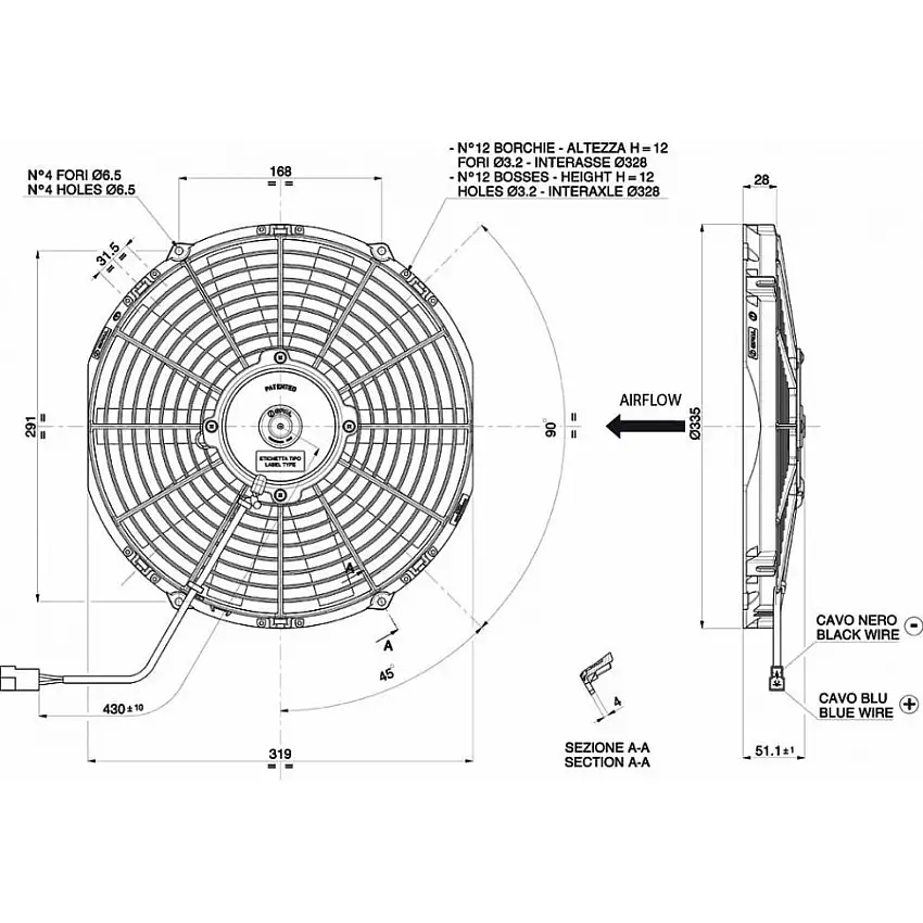 Ventilateur soufflant Ø 335 mm épaisseur 52 mm 12V SPAL VA10-AP9/C-25S