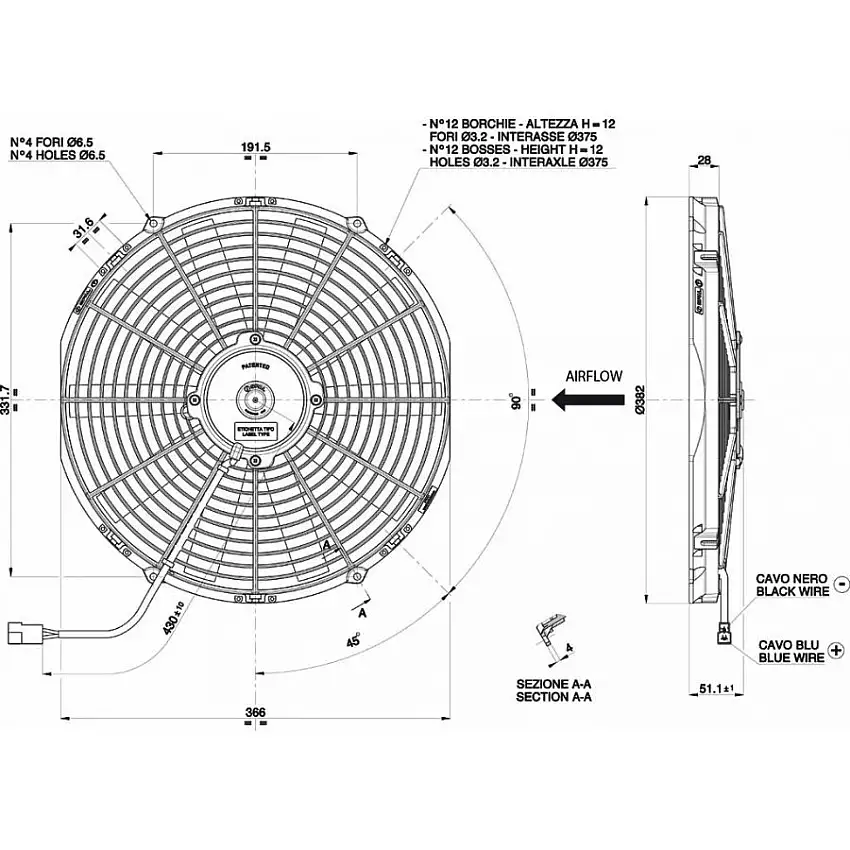 Ventilateur soufflant Ø 382 mm épaisseur 52 mm 12V SPAL VA08-AP10/C-23S